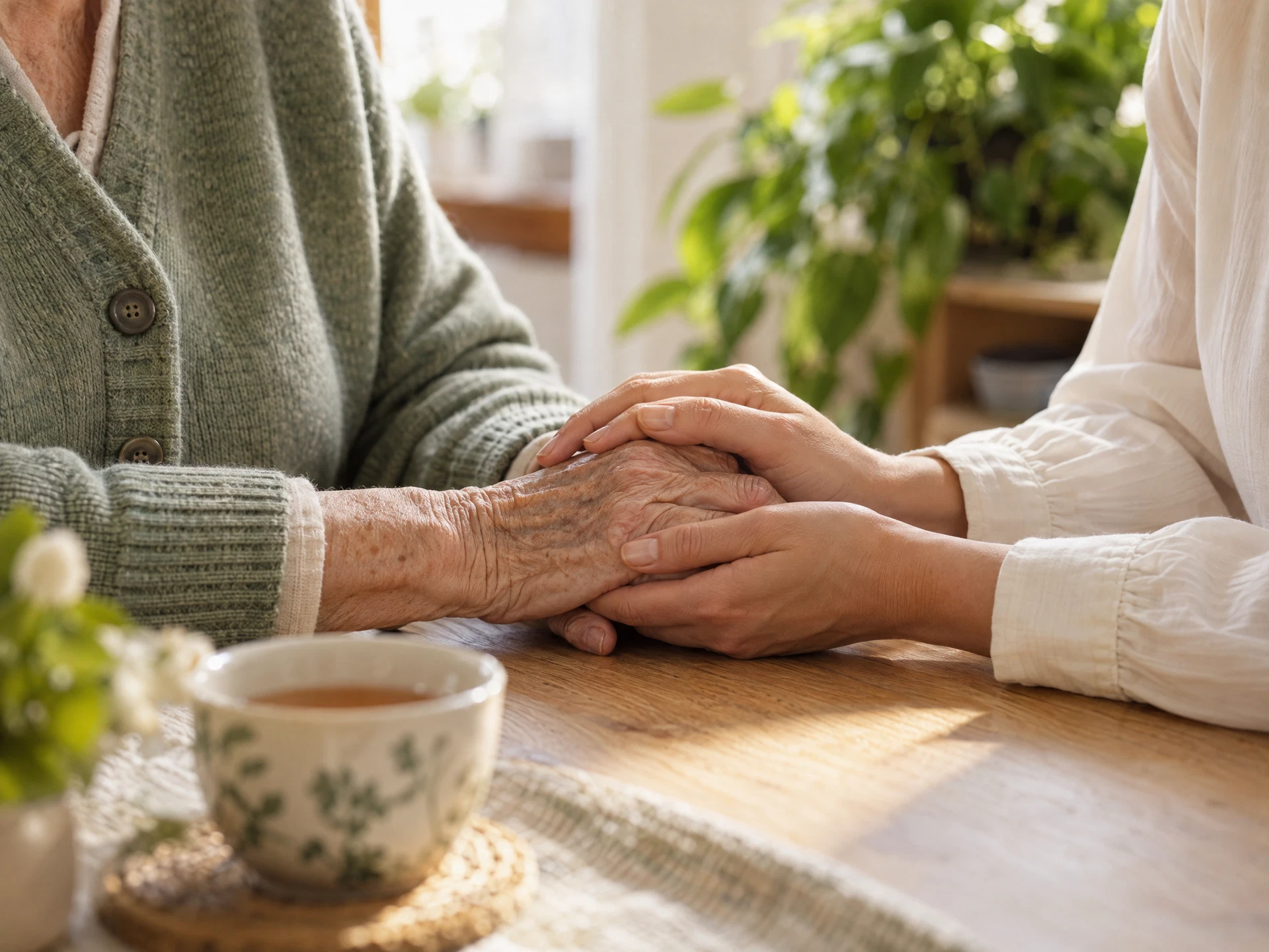 Zwei Generationen halten einander fürsorglich die Hände